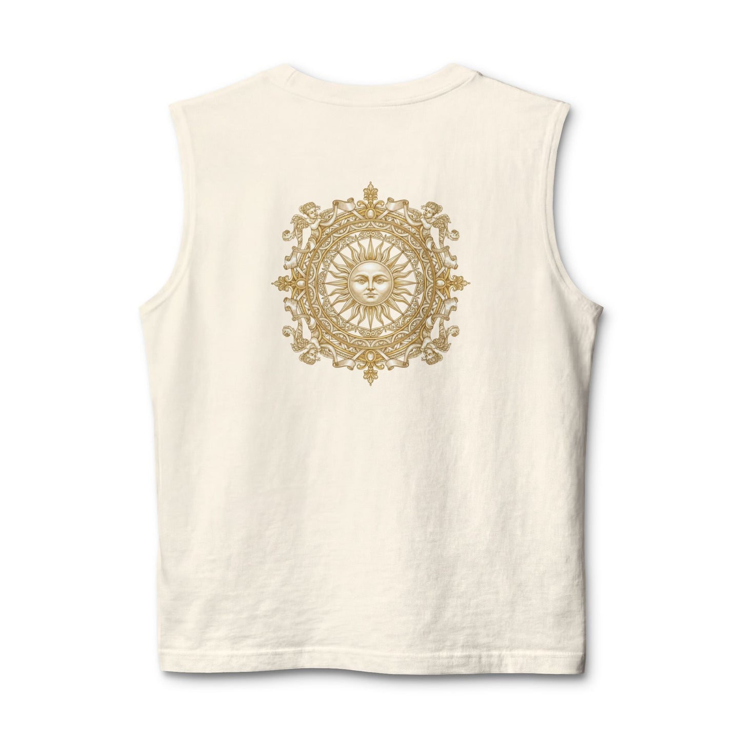 Gilded sun medallion printed on the back of a ring-spun cotton tank top