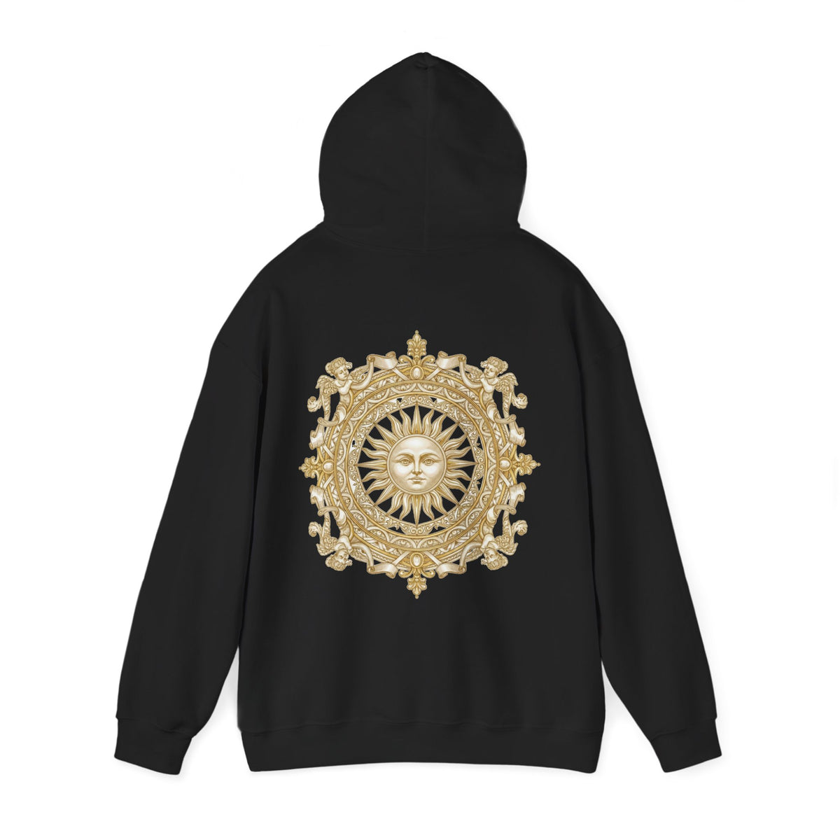 Antique-gold sun medallion printed on the back of a heavyweight cotton-blend hoodie
