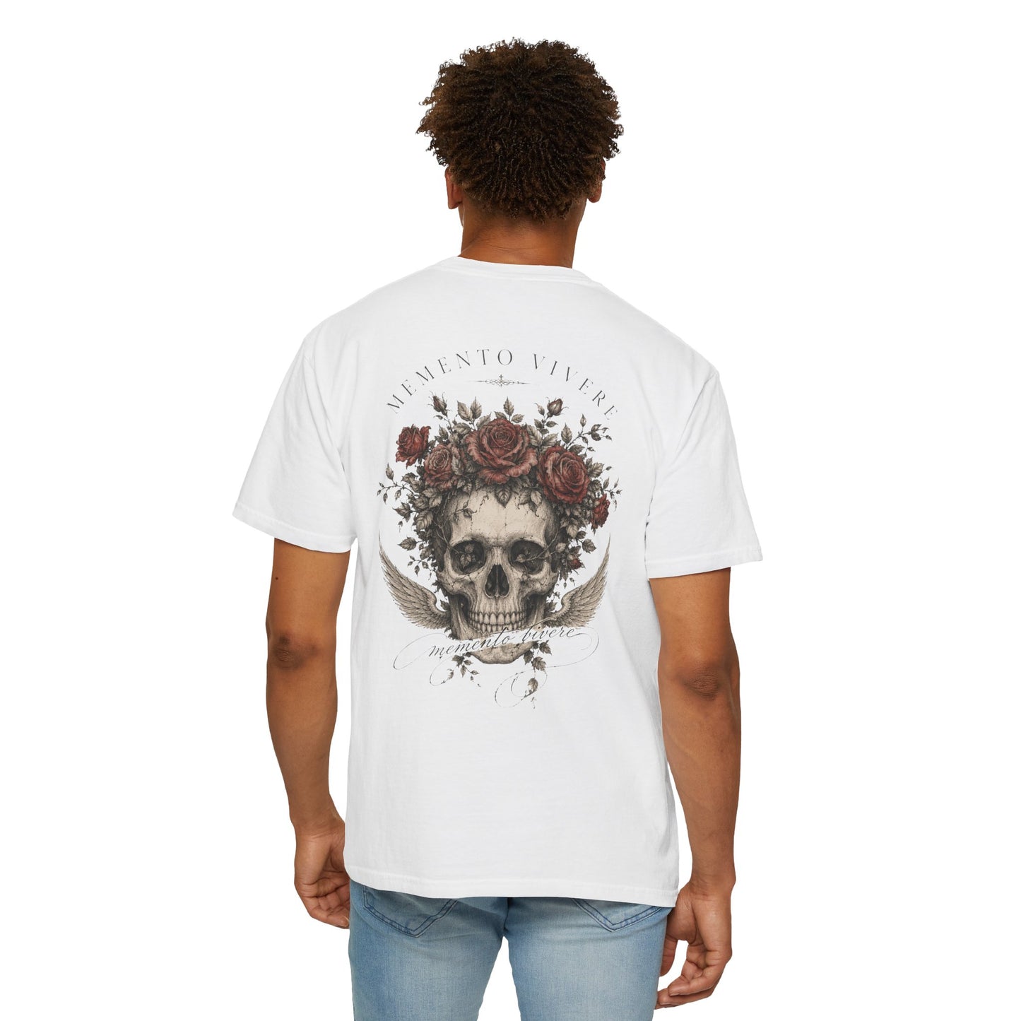 Skull crowned with roses and wings printed on the back of a vintage garment-dyed cotton tee