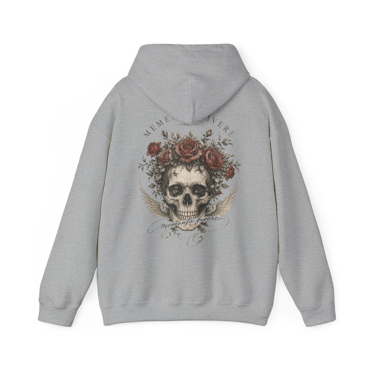Skull crowned in roses with faded wings printed on the back of a heavyweight cotton-blend hoodie