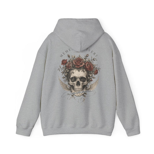 Skull crowned in roses with faded wings printed on the back of a heavyweight cotton-blend hoodie