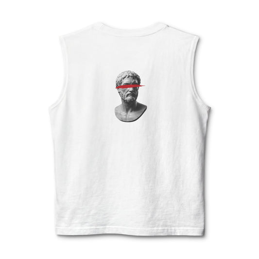 Classical bust with a red brushstroke printed on the back of a ring-spun cotton tank top