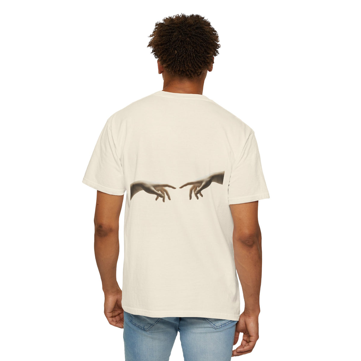 Reaching Hands Tee — Minimalist Classical Art Back Print