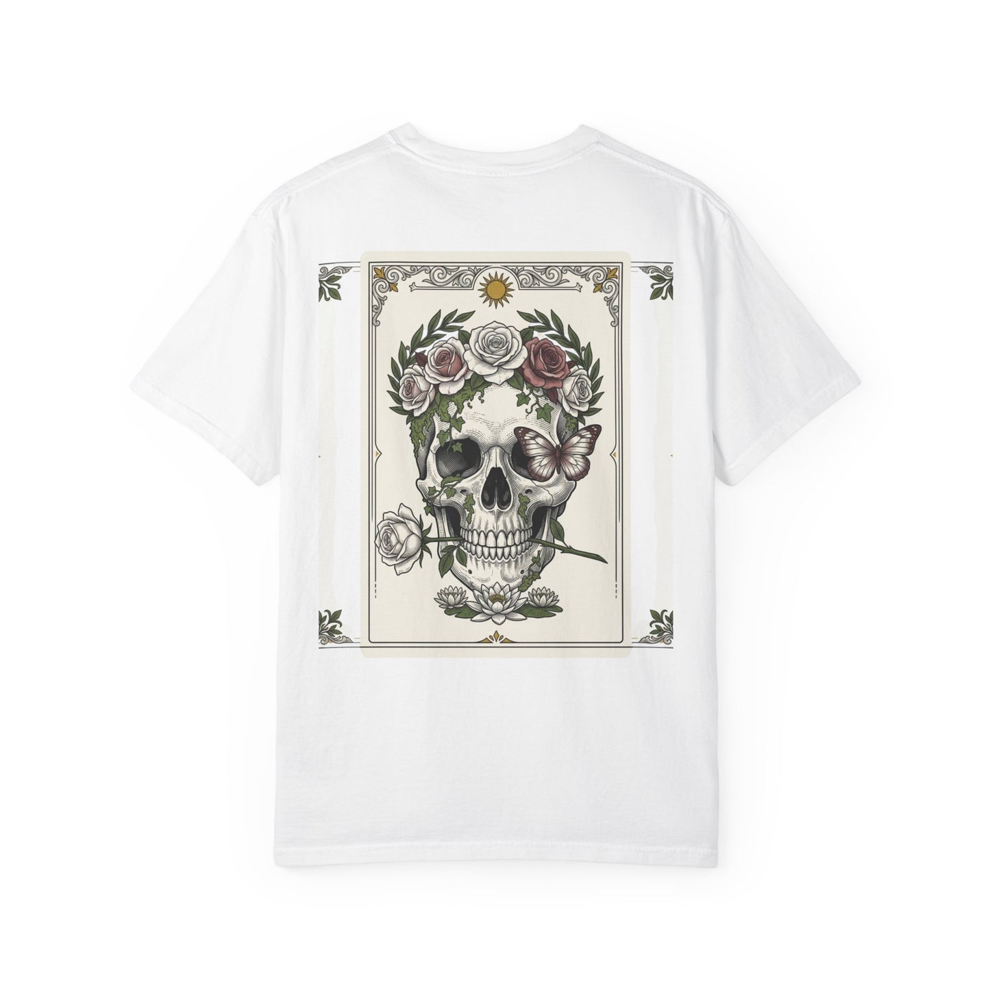 Skull crowned with roses printed on the back of a garment-dyed heavyweight cotton tee