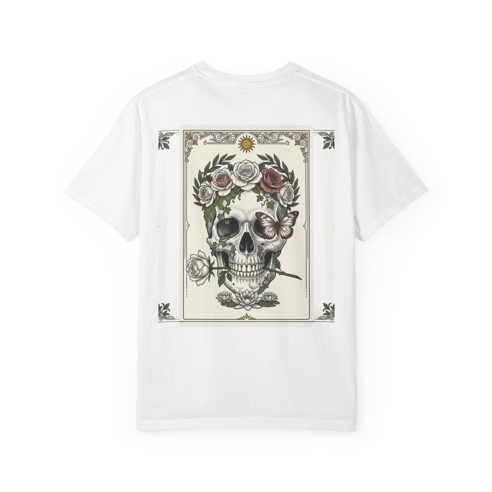 Skull crowned with roses printed on the back of a garment-dyed heavyweight cotton tee