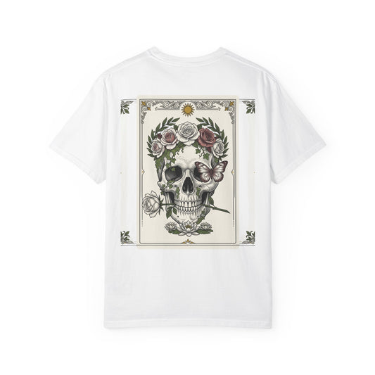 Skull crowned with roses printed on the back of a garment-dyed heavyweight cotton tee