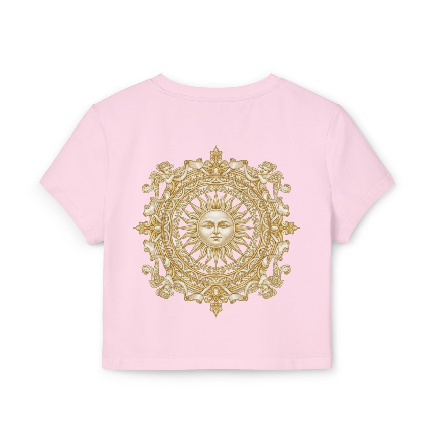 Gold sun medallion printed on the back of a cropped organic cotton baby tee