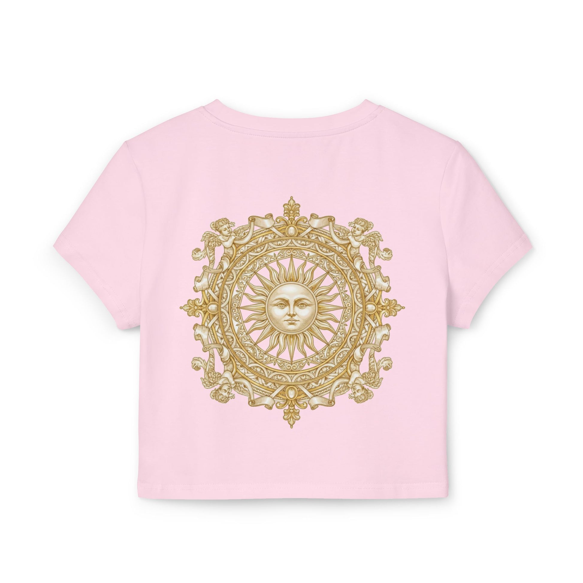 Gold sun medallion printed on the back of a cropped organic cotton baby tee