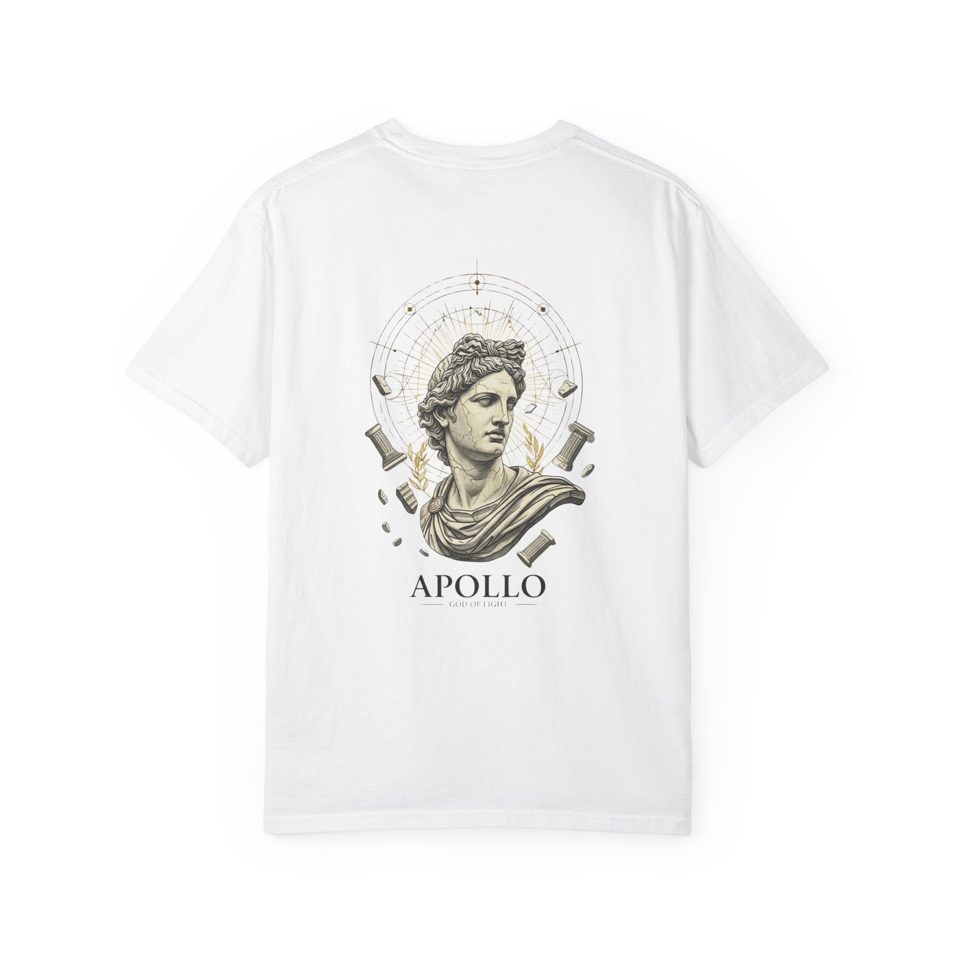 Sculpted Apollo bust with geometric stars on the back of a garment-dyed heavyweight cotton tee