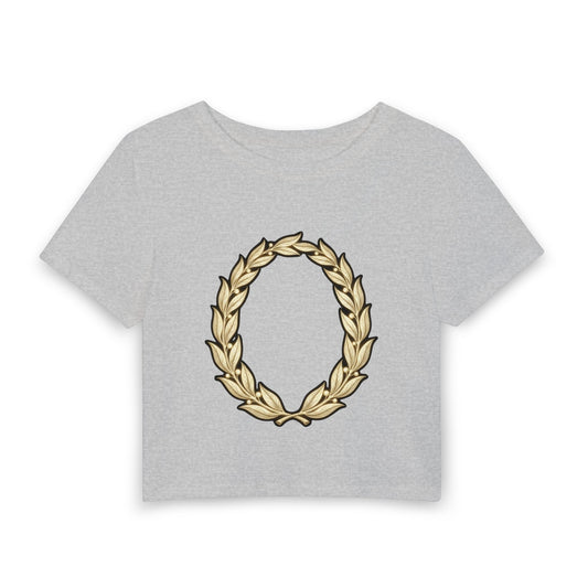 Gold laurel wreath emblem on a cropped women's cotton-blend tee