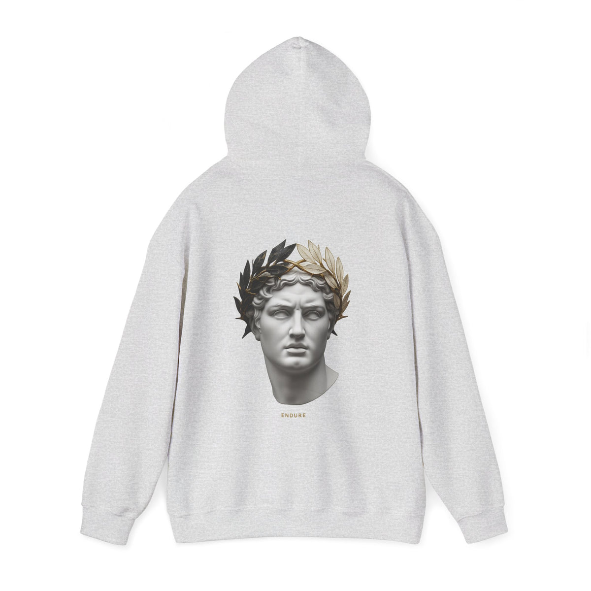 Marble bust crowned with laurel printed on the back of a heavyweight cotton-blend hoodie