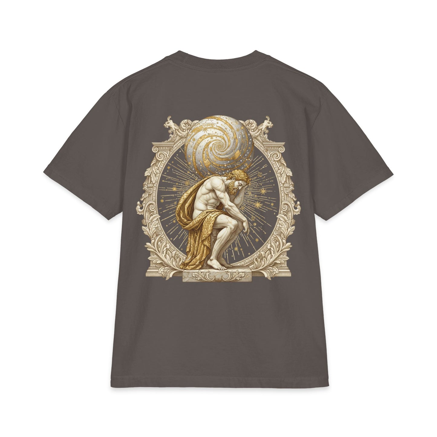 Classical figure bearing a globe printed on the back of a heavyweight oversized cotton tee