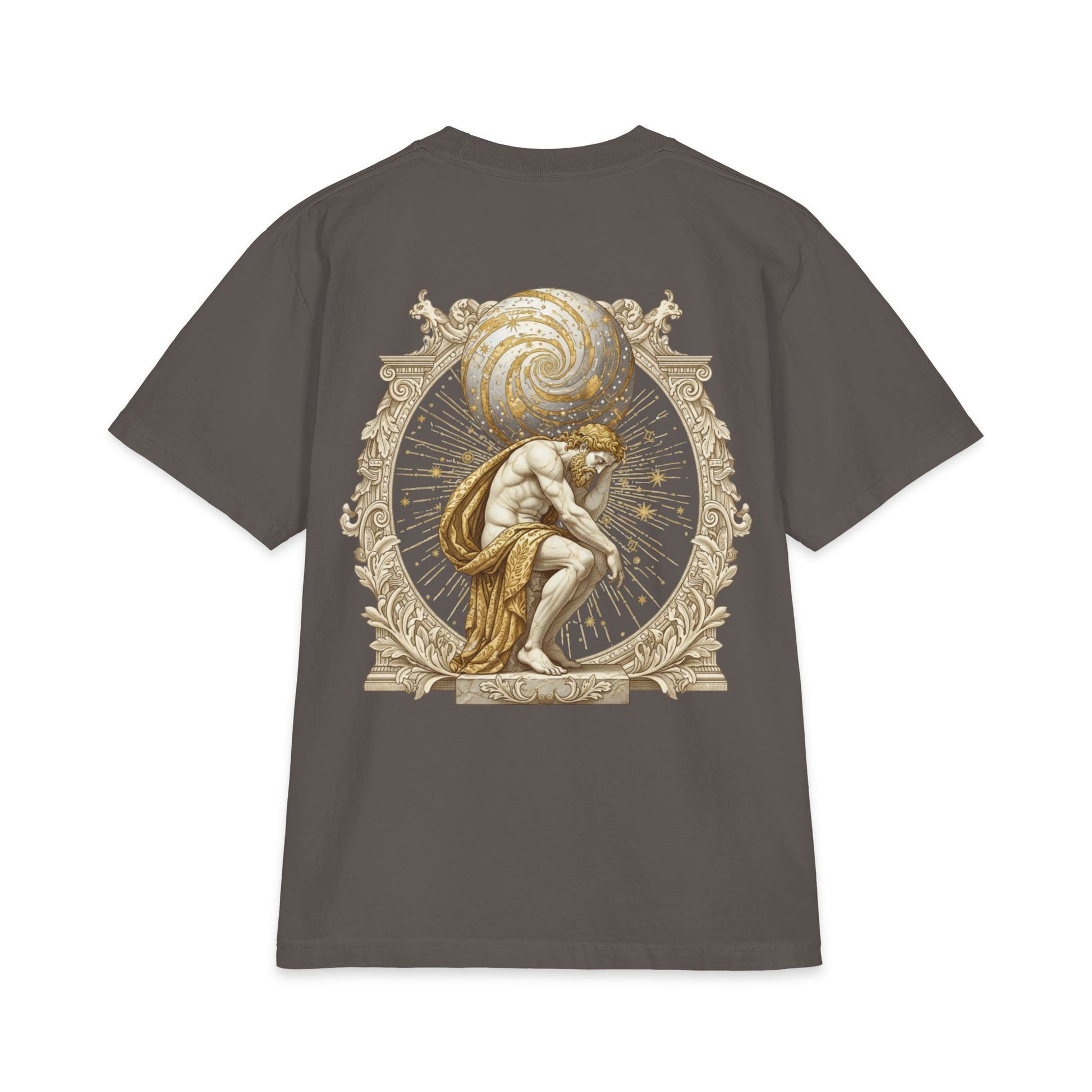 Classical figure bearing a globe printed on the back of a heavyweight oversized cotton tee