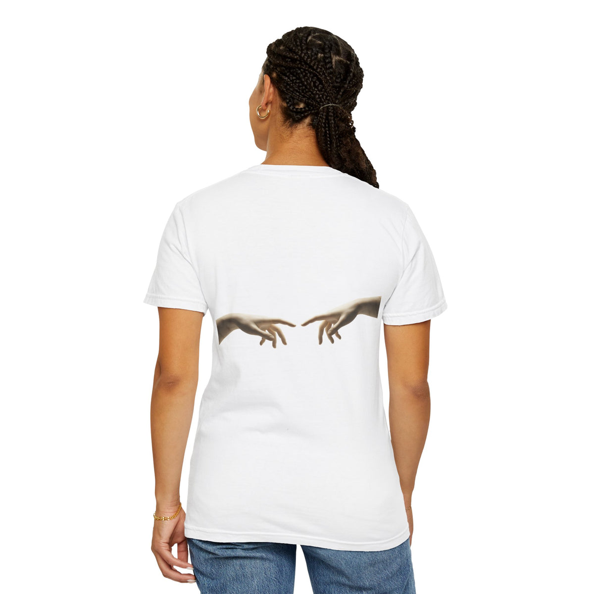 Reaching Hands Tee — Minimalist Classical Art Back Print