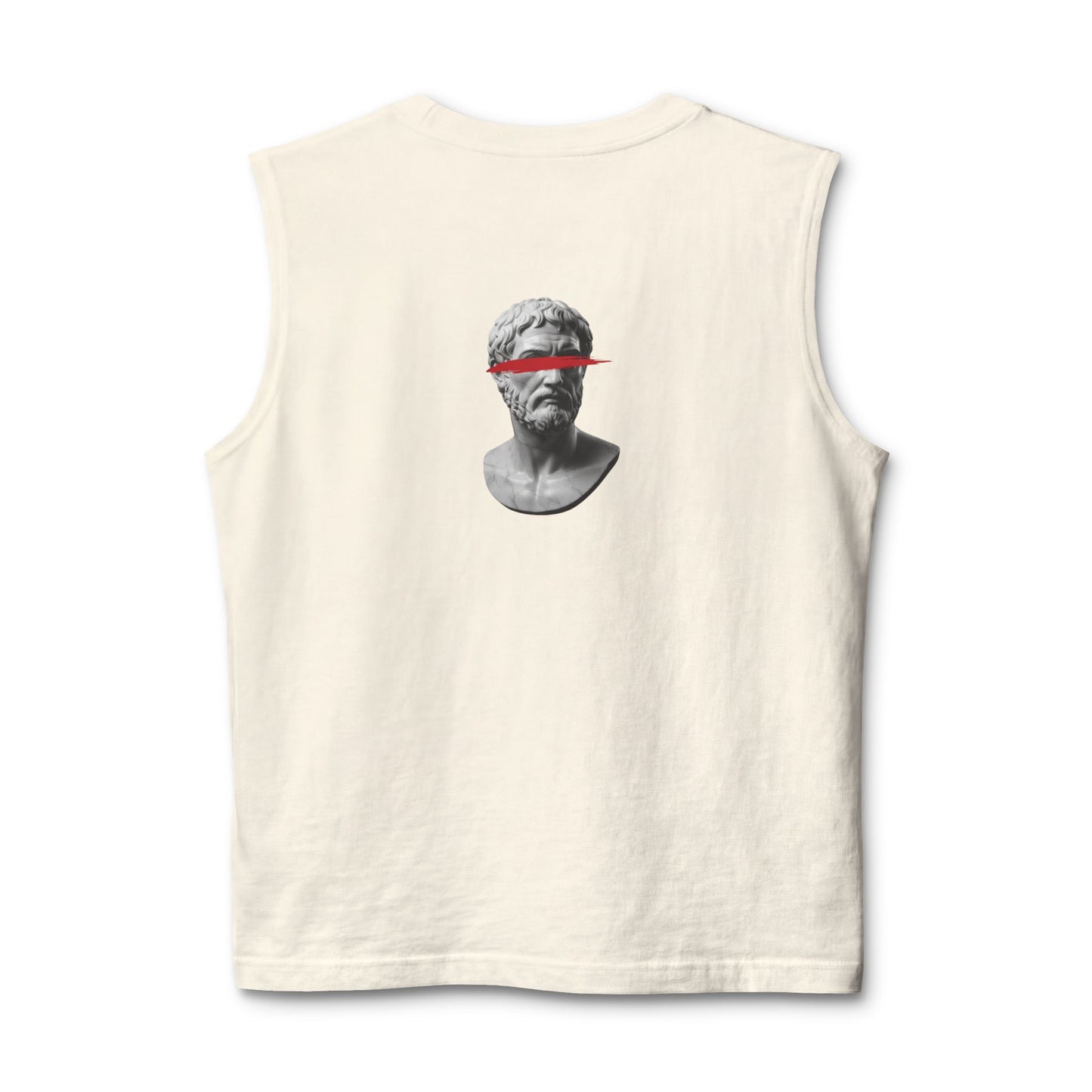 Classical bust with a red brushstroke printed on the back of a ring-spun cotton tank top