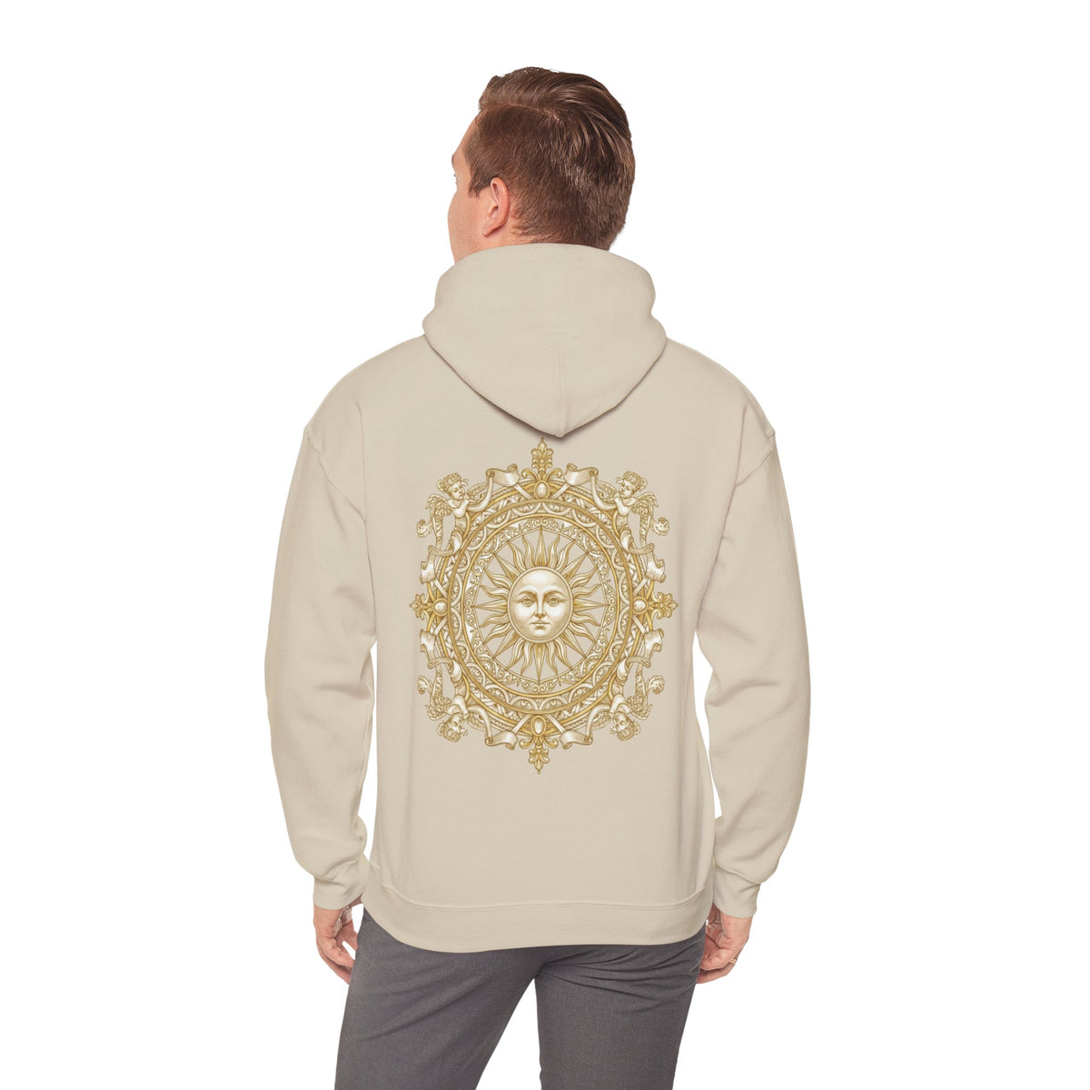 Sun Mandala Hoodie — Gold Celestial Medallion Back Print