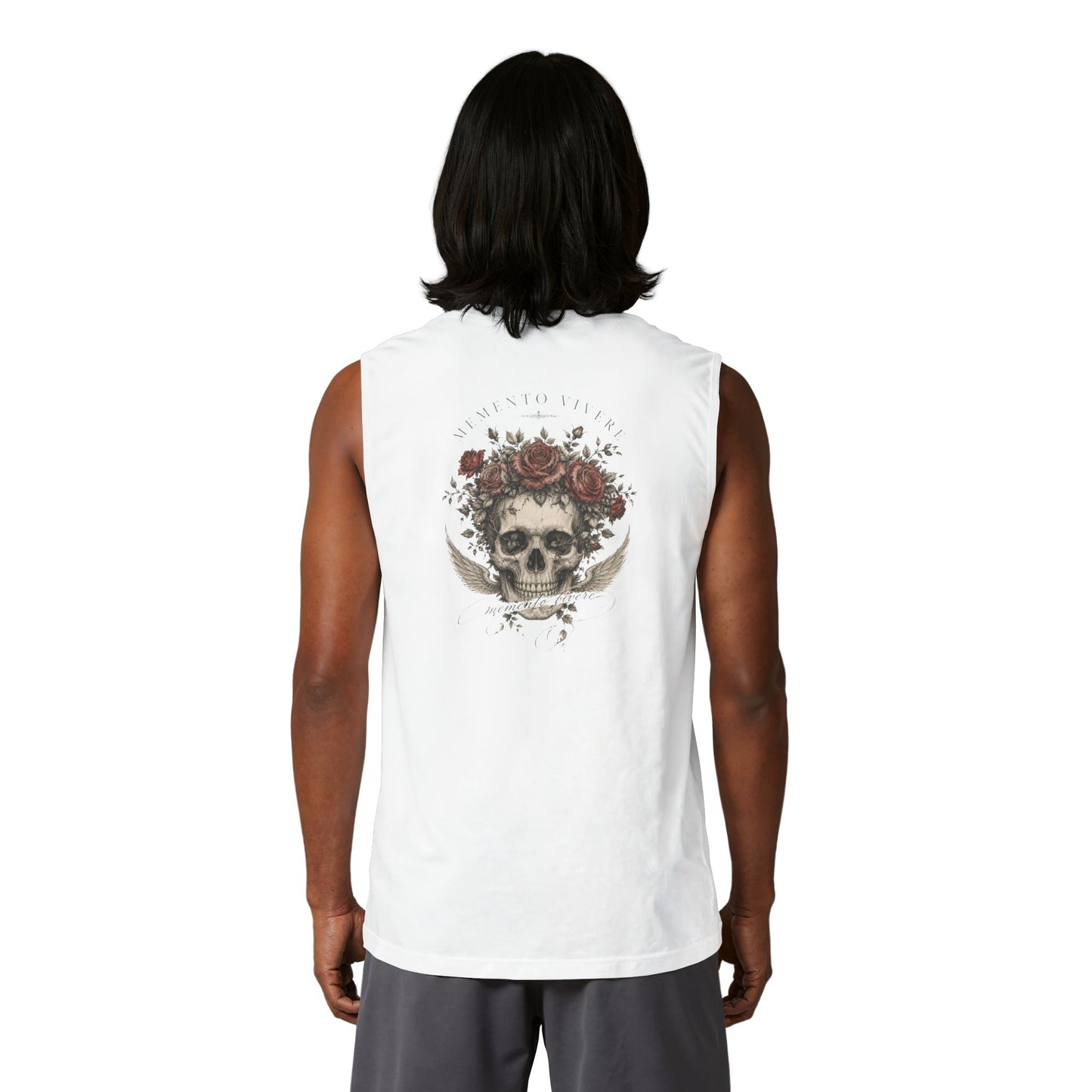 Distressed skull crowned with roses printed on the back of a ring-spun cotton tank top