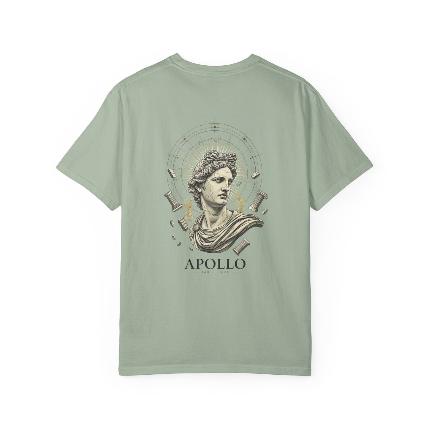 Sculpted Apollo bust with geometric stars on the back of a garment-dyed heavyweight cotton tee