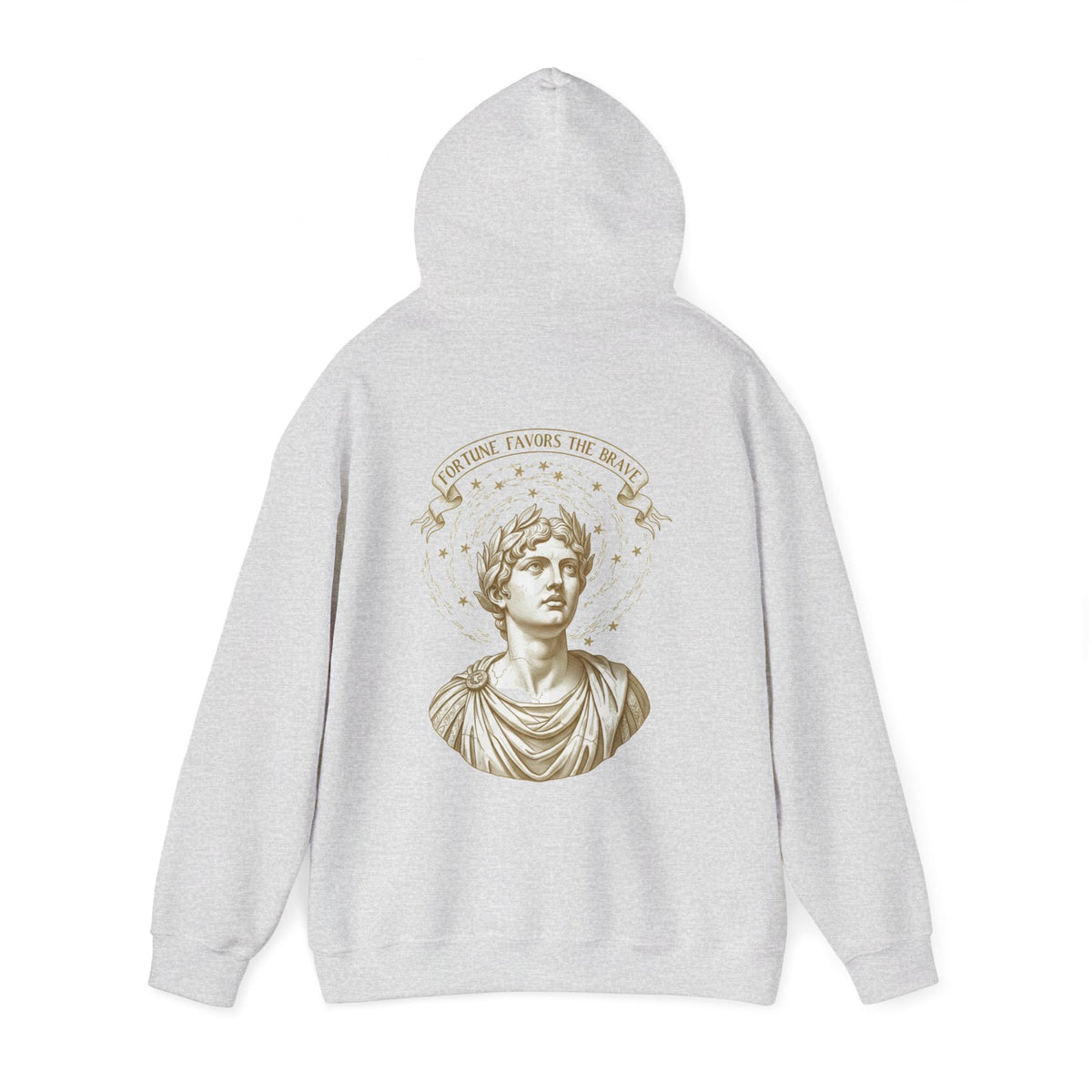 Sepia classical bust with a sacrifice banner printed on the back of a heavyweight cotton-blend hoodie