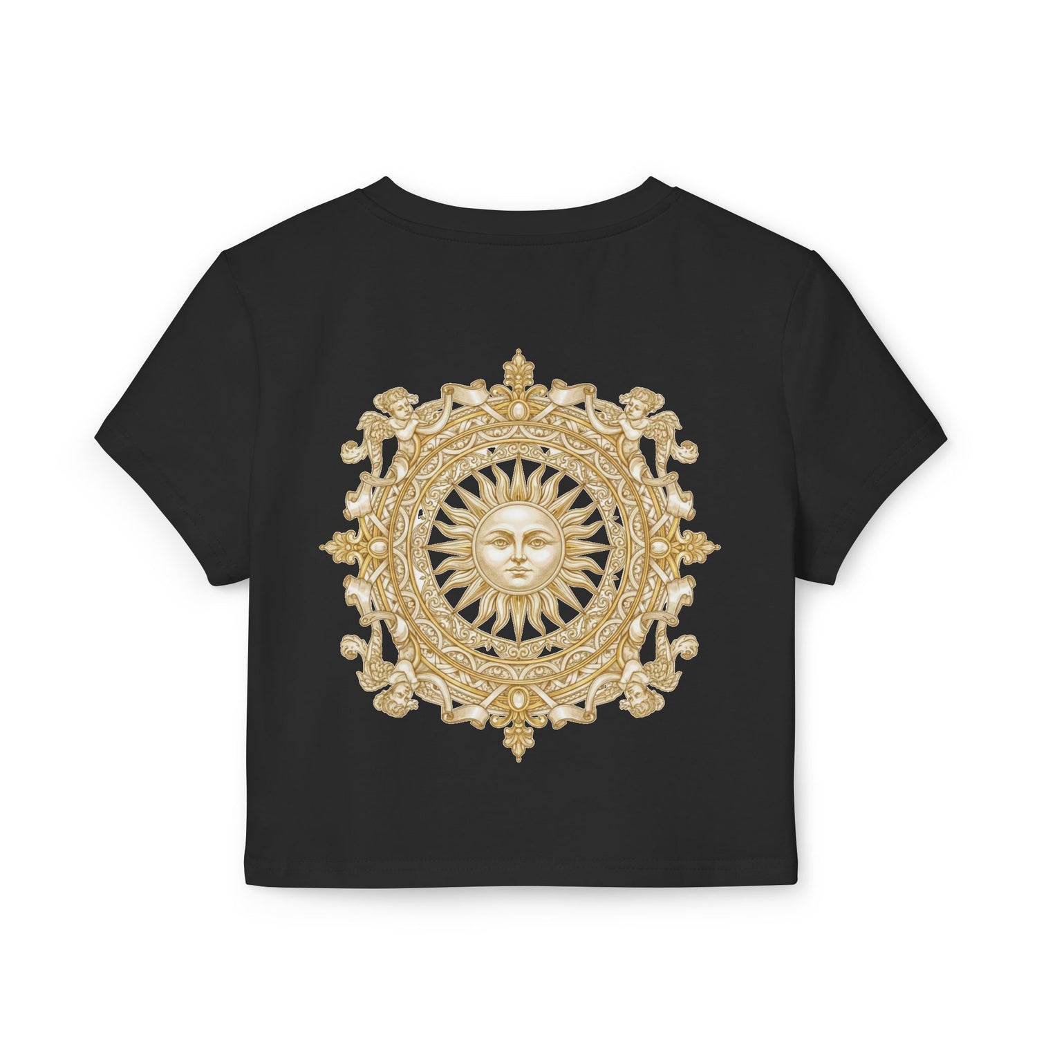 Gold sun medallion printed on the back of a cropped organic cotton baby tee