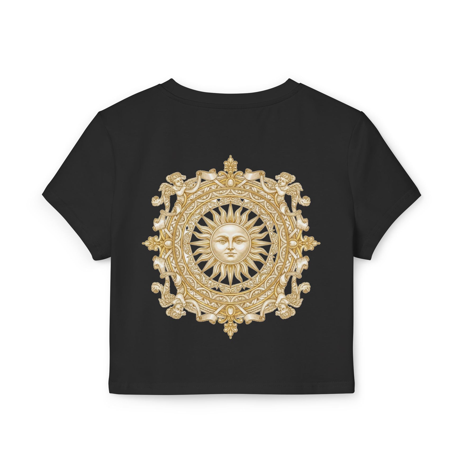 Gold sun medallion printed on the back of a cropped organic cotton baby tee