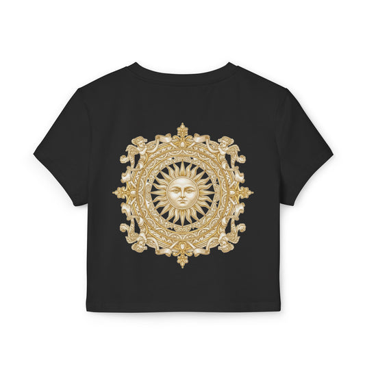 Gold sun medallion printed on the back of a cropped organic cotton baby tee