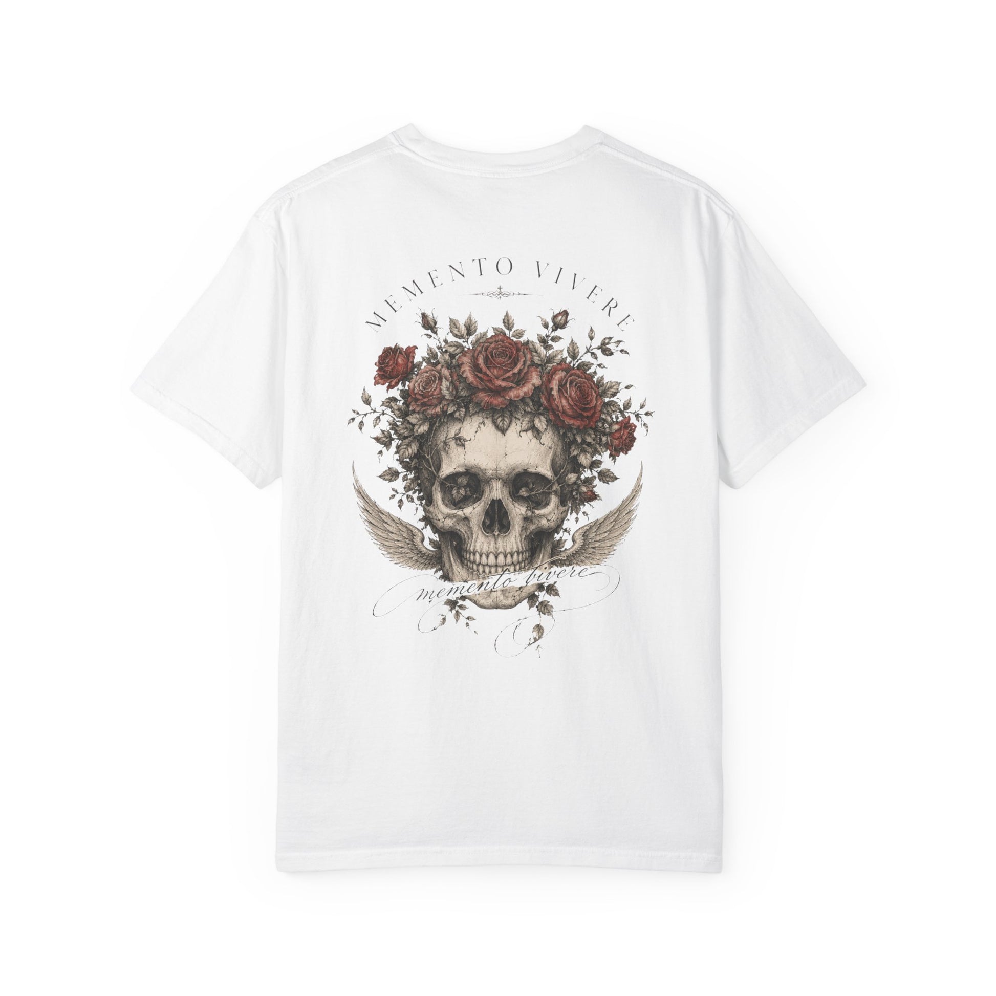 Skull crowned with roses and wings printed on the back of a vintage garment-dyed cotton tee