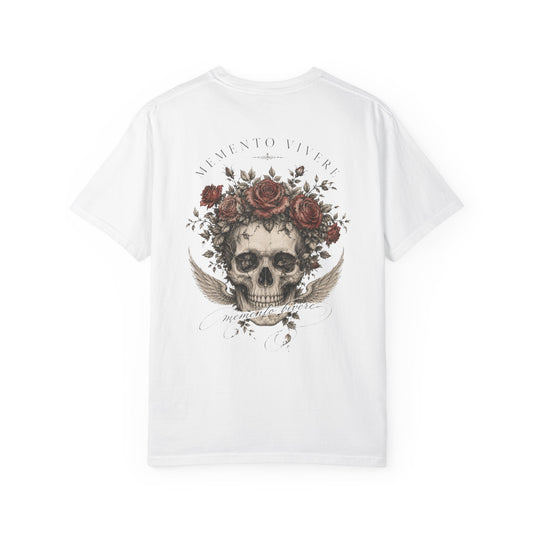 Skull crowned with roses and wings printed on the back of a vintage garment-dyed cotton tee