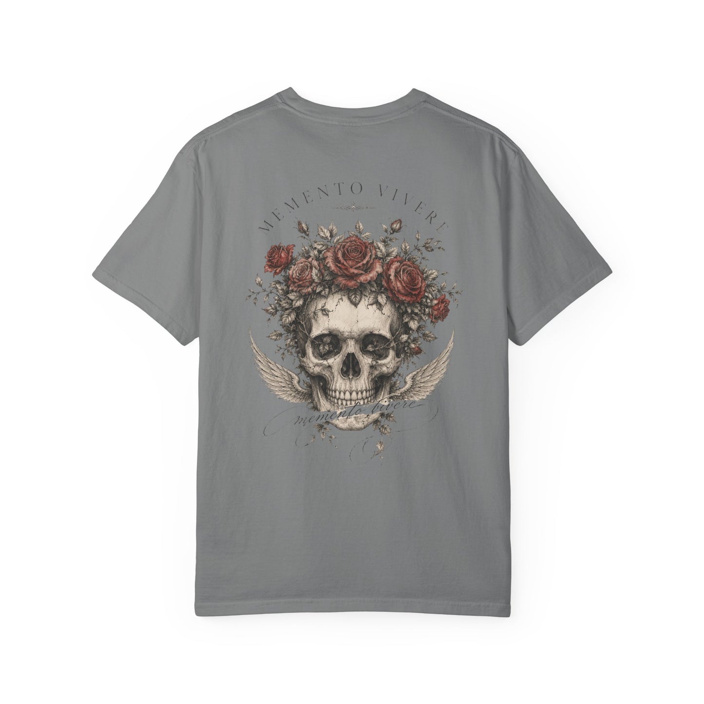 Skull crowned with roses and wings printed on the back of a vintage garment-dyed cotton tee