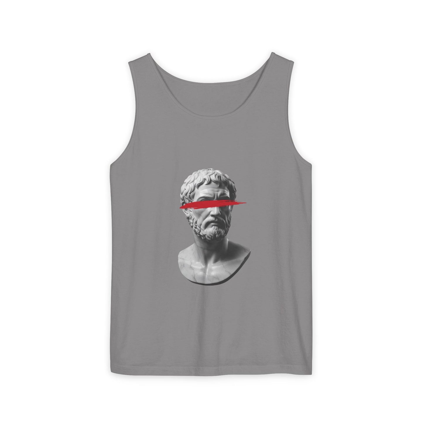Vintage compass and map printed on the back of a garment-dyed heavyweight cotton tank top