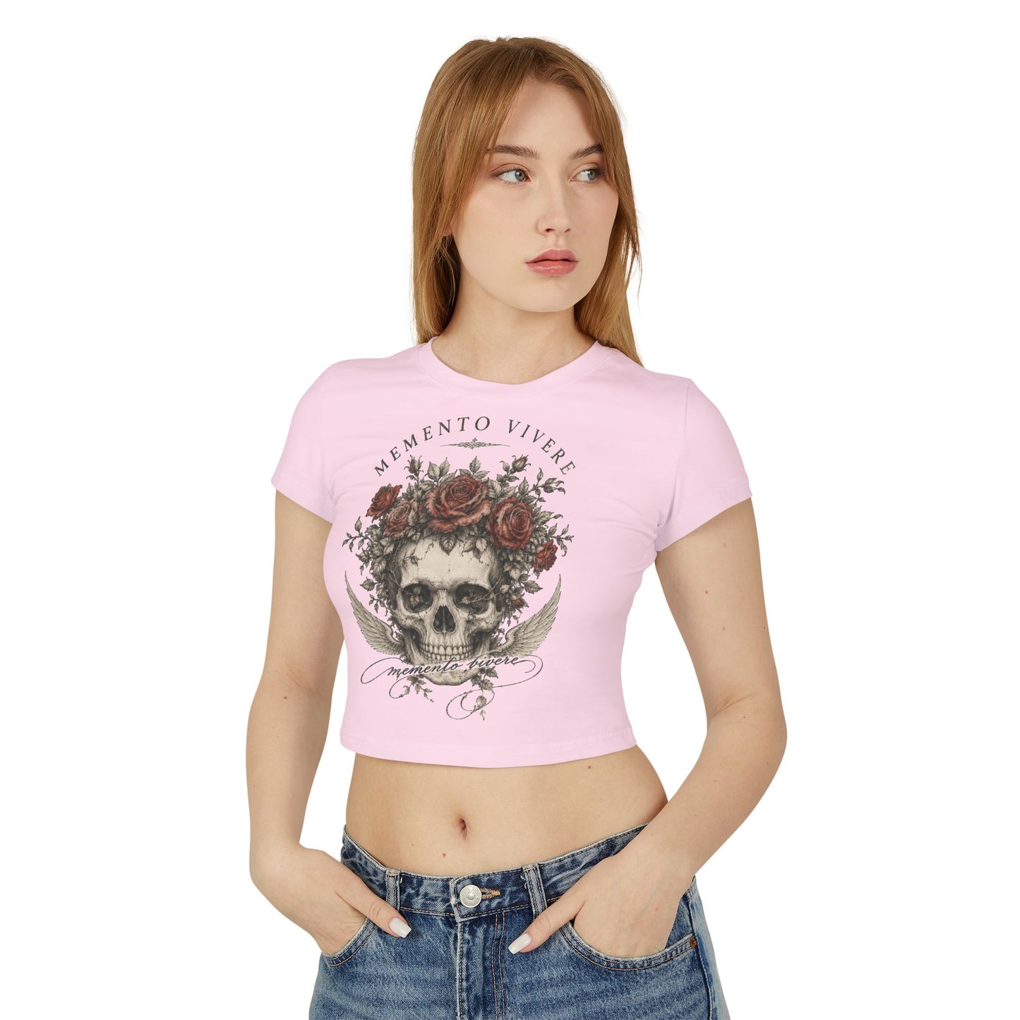 Distressed skull crowned with red roses on a cropped organic cotton baby tee