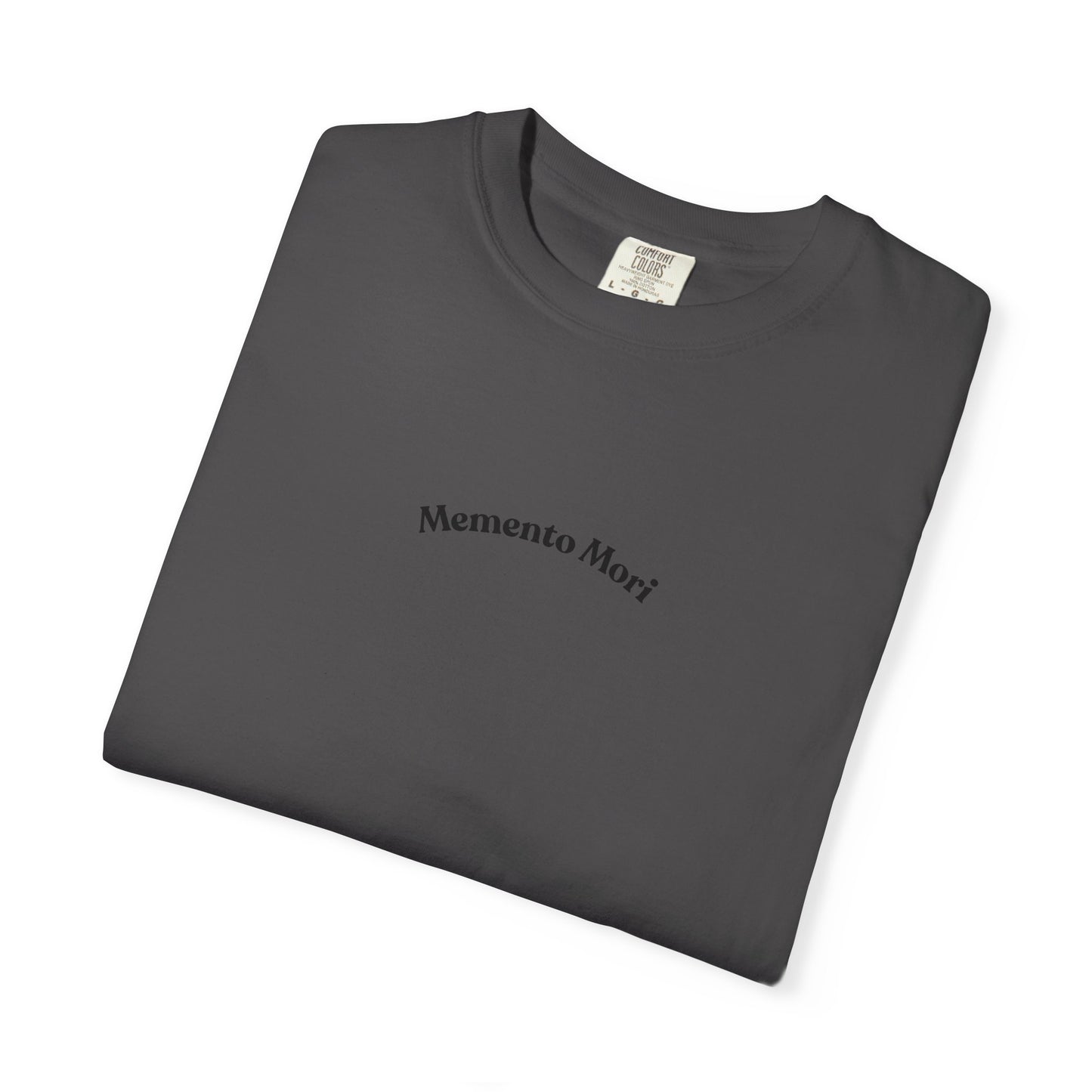 Skull crowned with roses printed on the back of a garment-dyed heavyweight cotton tee