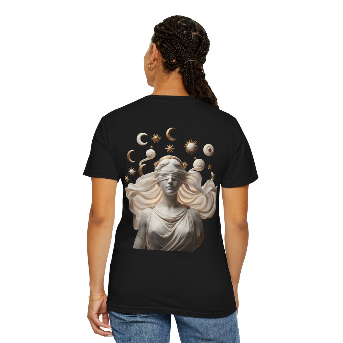 Moon Phases Tee — Blindfolded Goddess Celestial Back Print