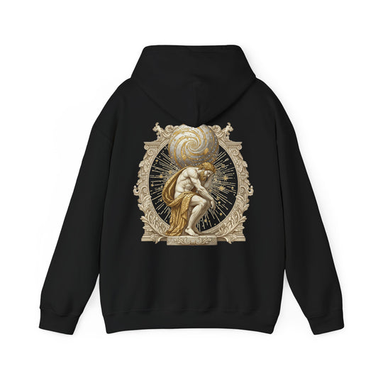 Atlas bearing a swirling globe in ornate filigree printed on the back of a heavyweight cotton-blend hoodie