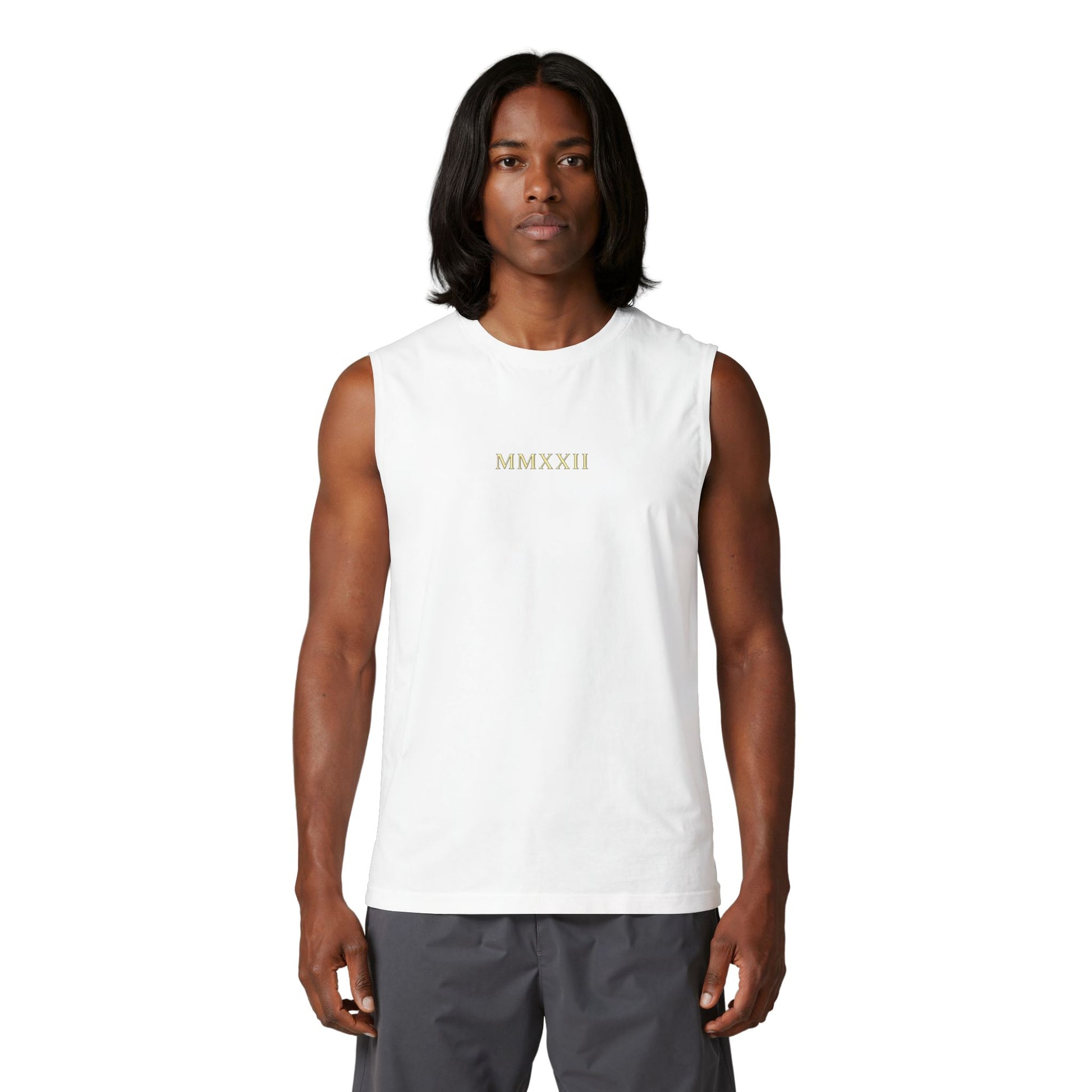 Gilded sun medallion printed on the back of a ring-spun cotton tank top