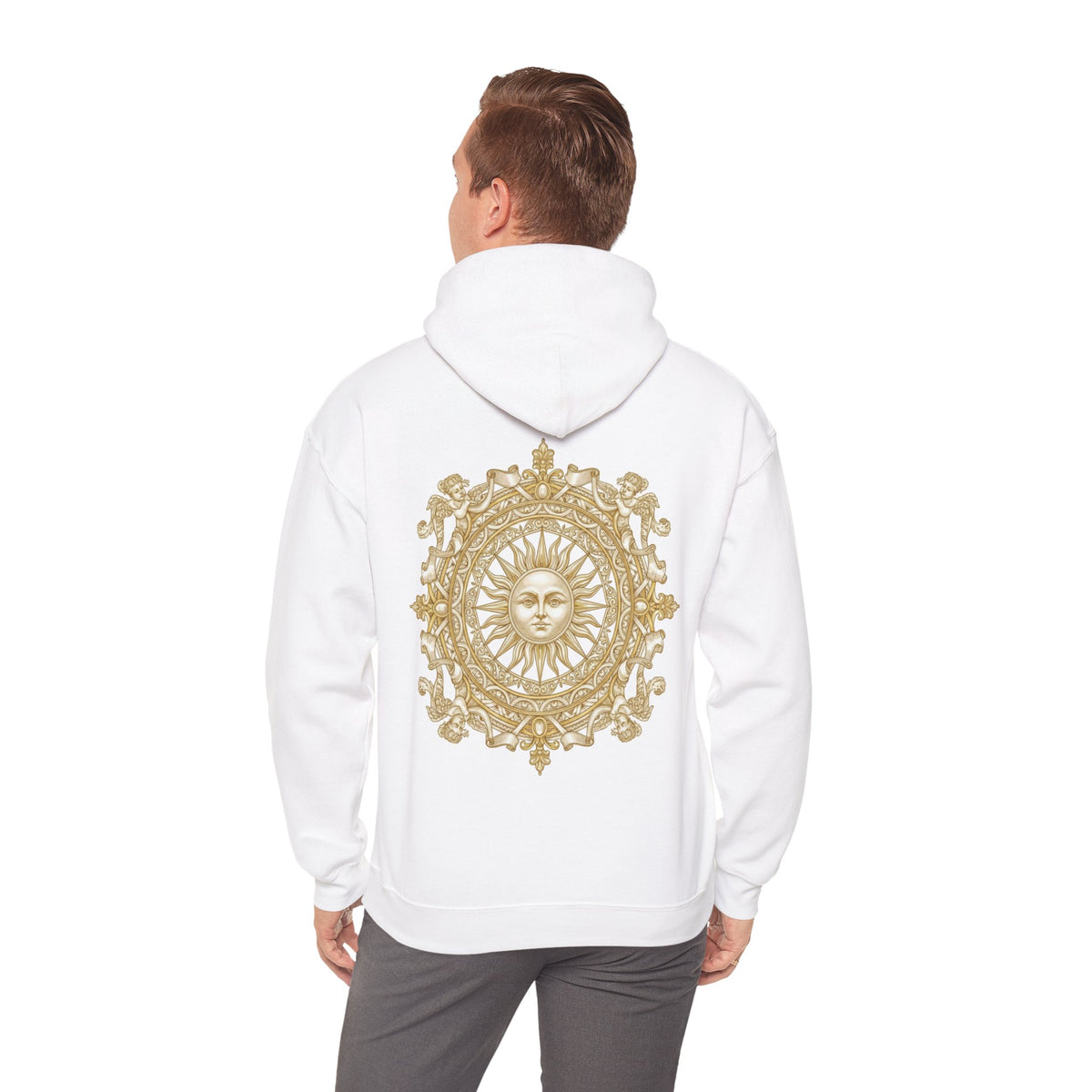 Antique-gold sun medallion printed on the back of a heavyweight cotton-blend hoodie