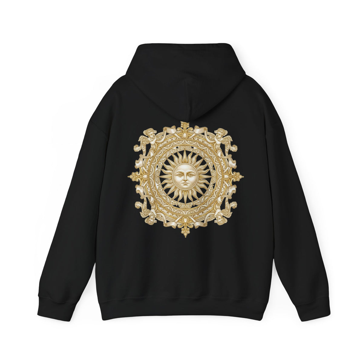 Antique-gold sun medallion printed on the back of a heavyweight cotton-blend hoodie
