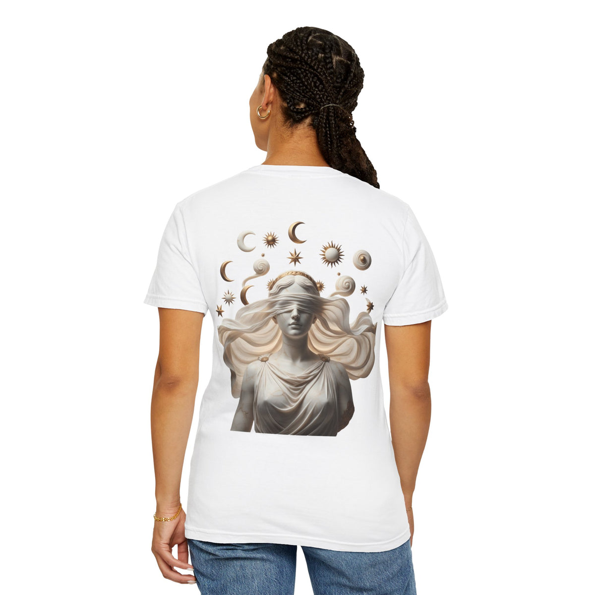 Moon Phases Tee — Blindfolded Goddess Celestial Back Print