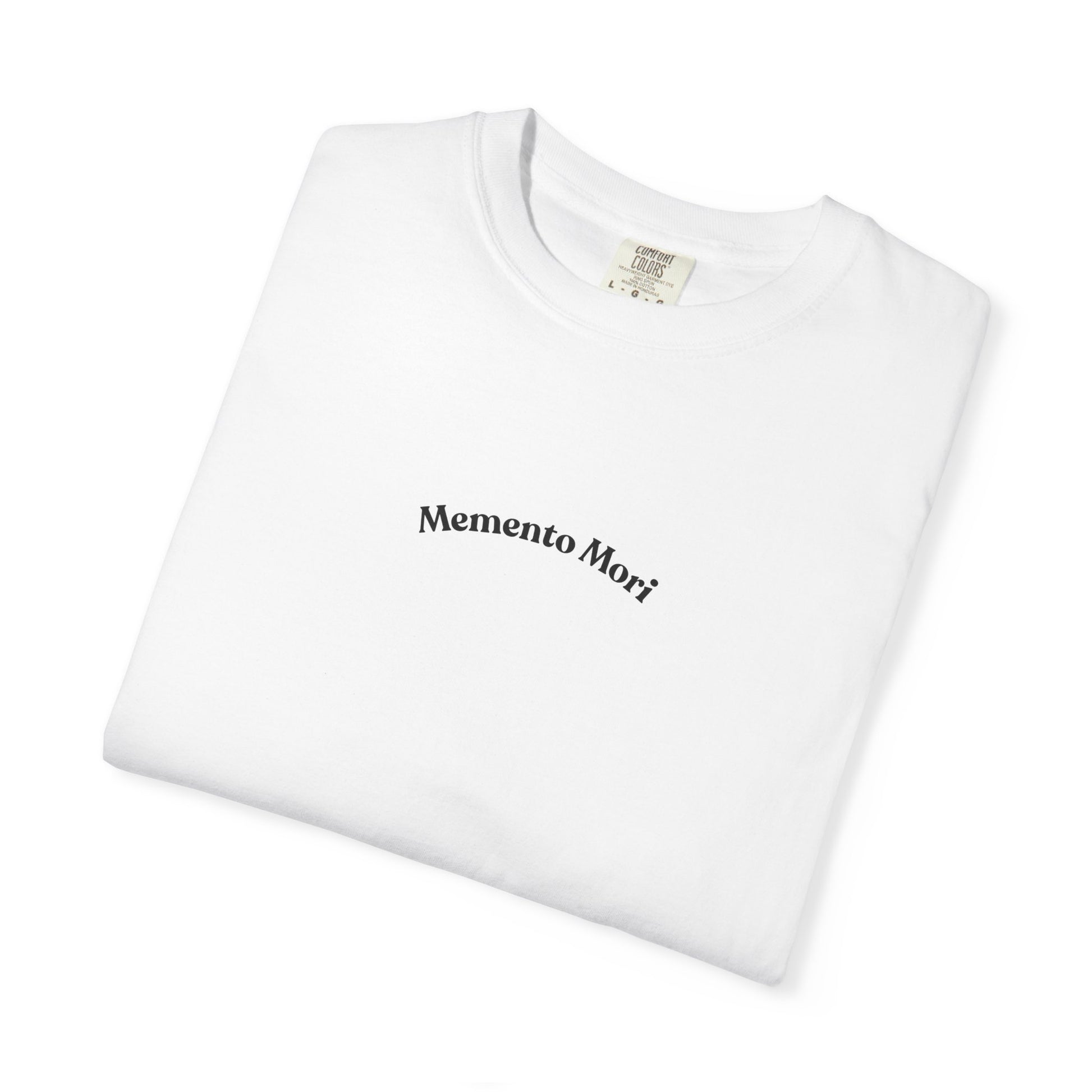 Skull crowned with roses printed on the back of a garment-dyed heavyweight cotton tee