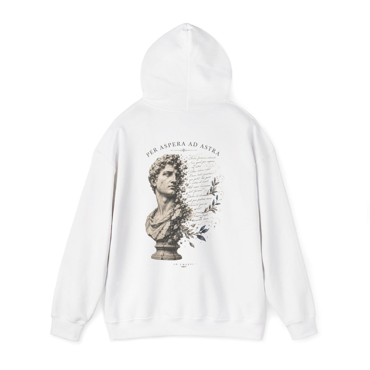 Classical bust with faded Per Aspera Ad Astra script printed on the back of a heavyweight cotton-blend hoodie
