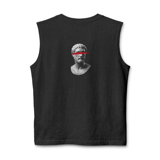 Classical bust with a red brushstroke printed on the back of a ring-spun cotton tank top