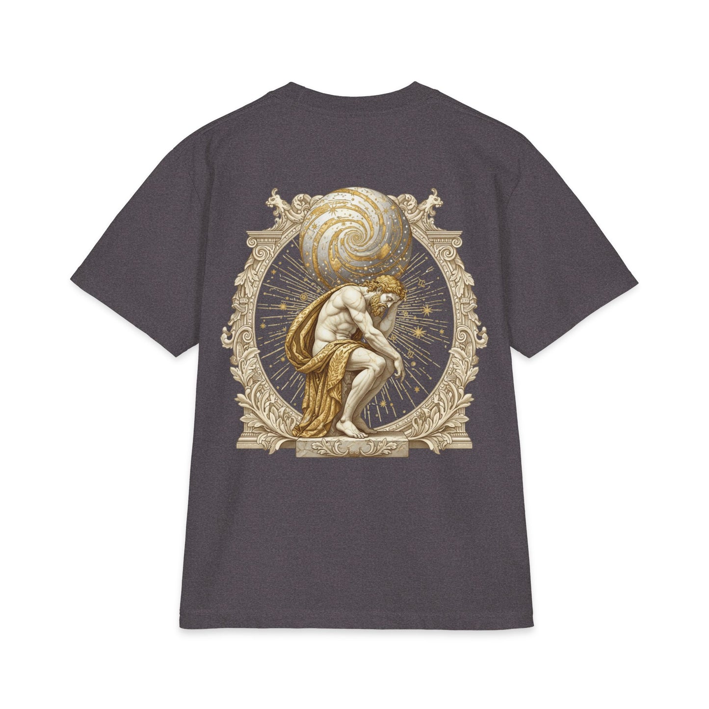 Classical figure bearing a globe printed on the back of a heavyweight oversized cotton tee