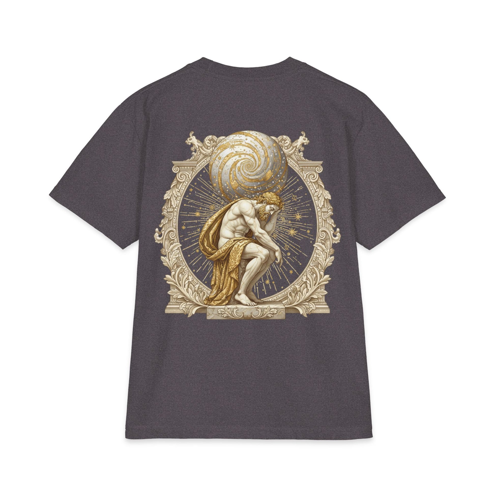 Classical figure bearing a globe printed on the back of a heavyweight oversized cotton tee