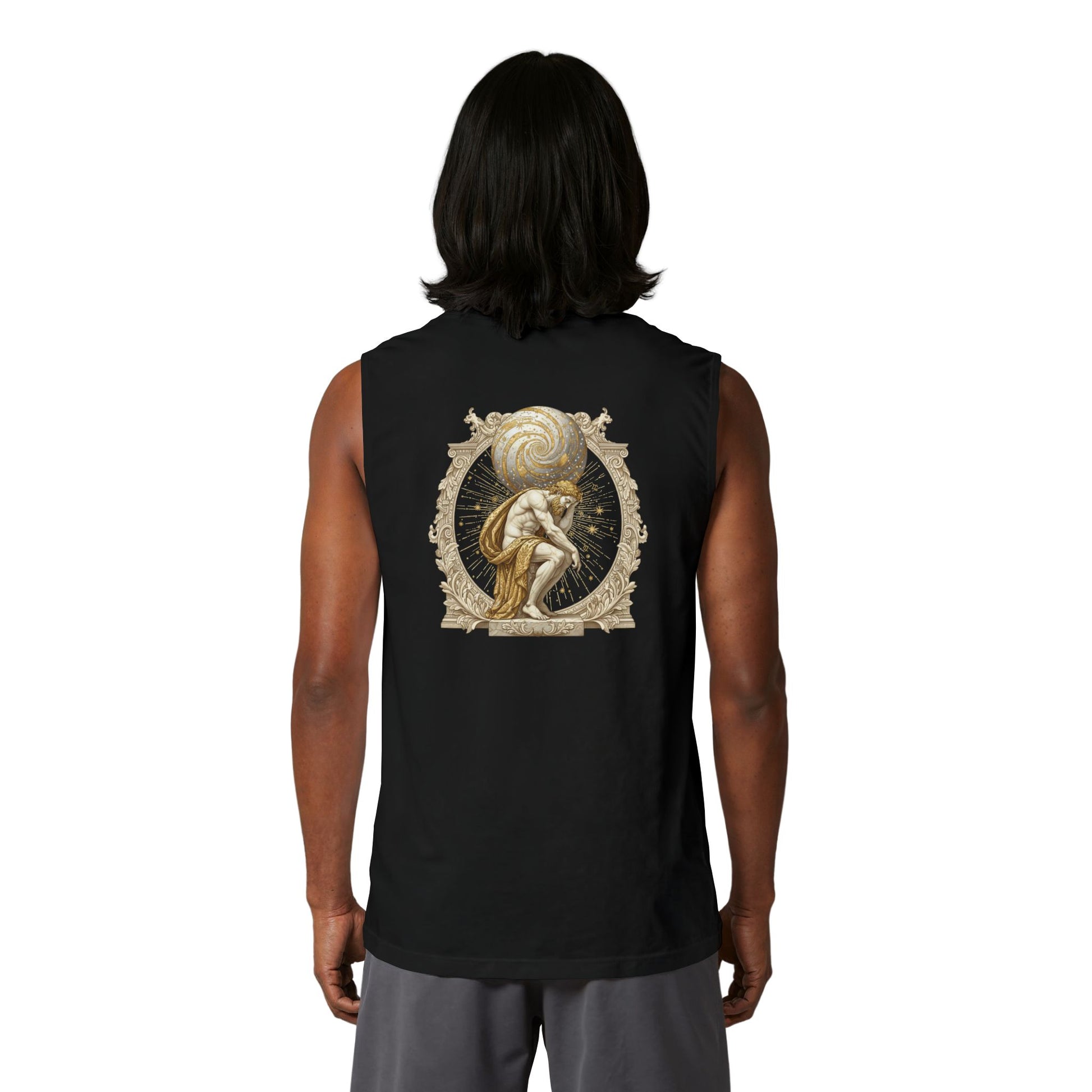 Classical figure with a spiralled shell printed on the back of a ring-spun cotton tank top