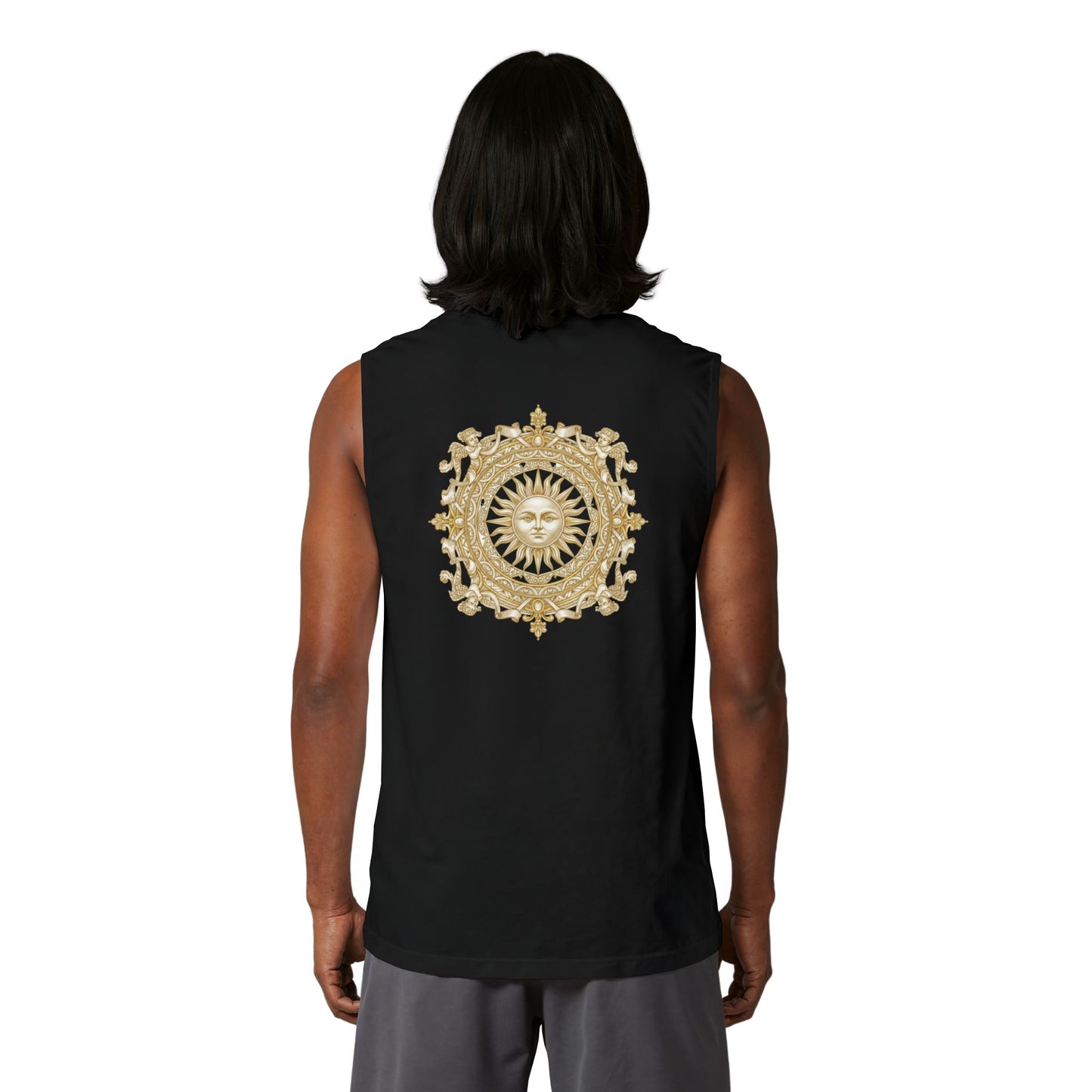 Gilded sun medallion printed on the back of a ring-spun cotton tank top