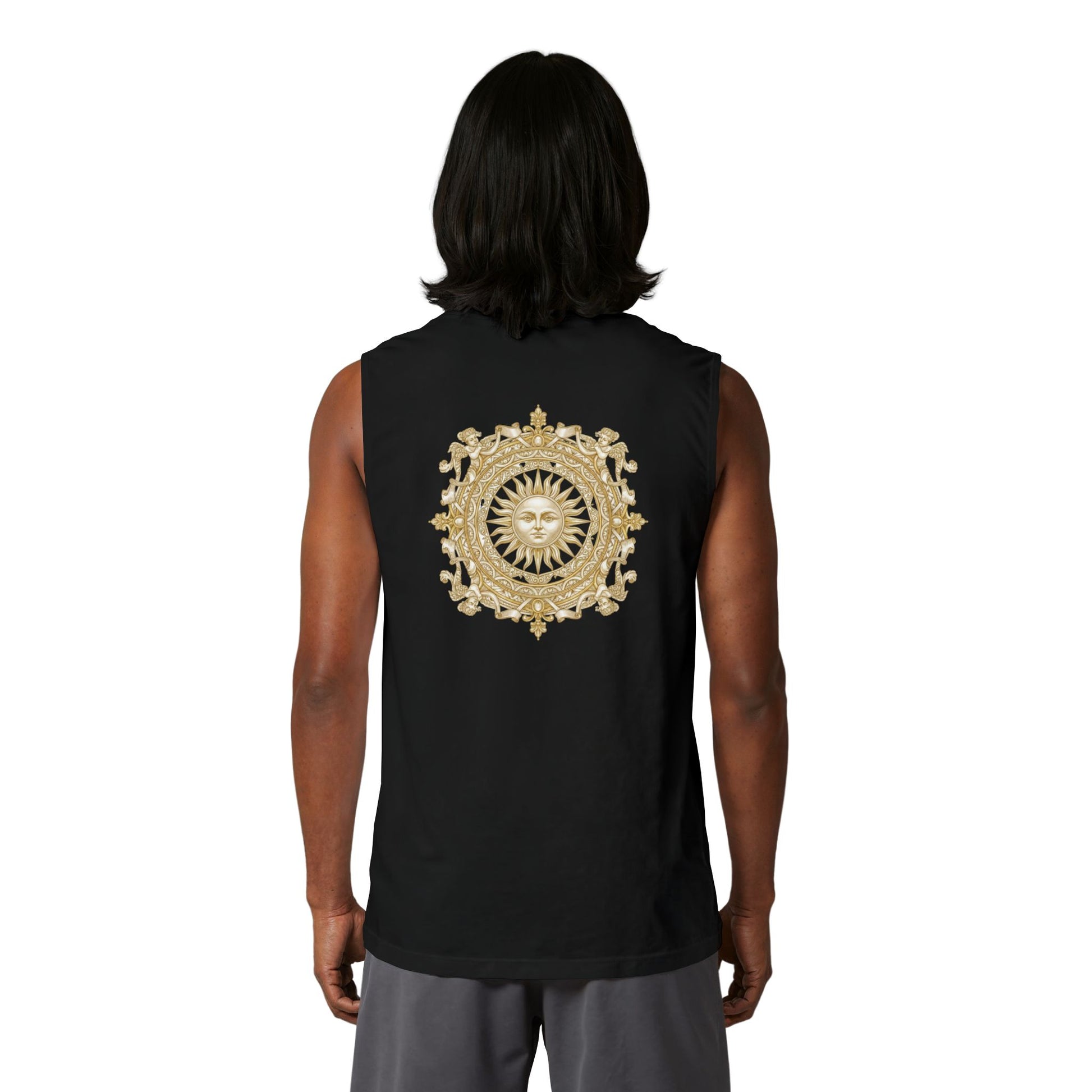 Gilded sun medallion printed on the back of a ring-spun cotton tank top