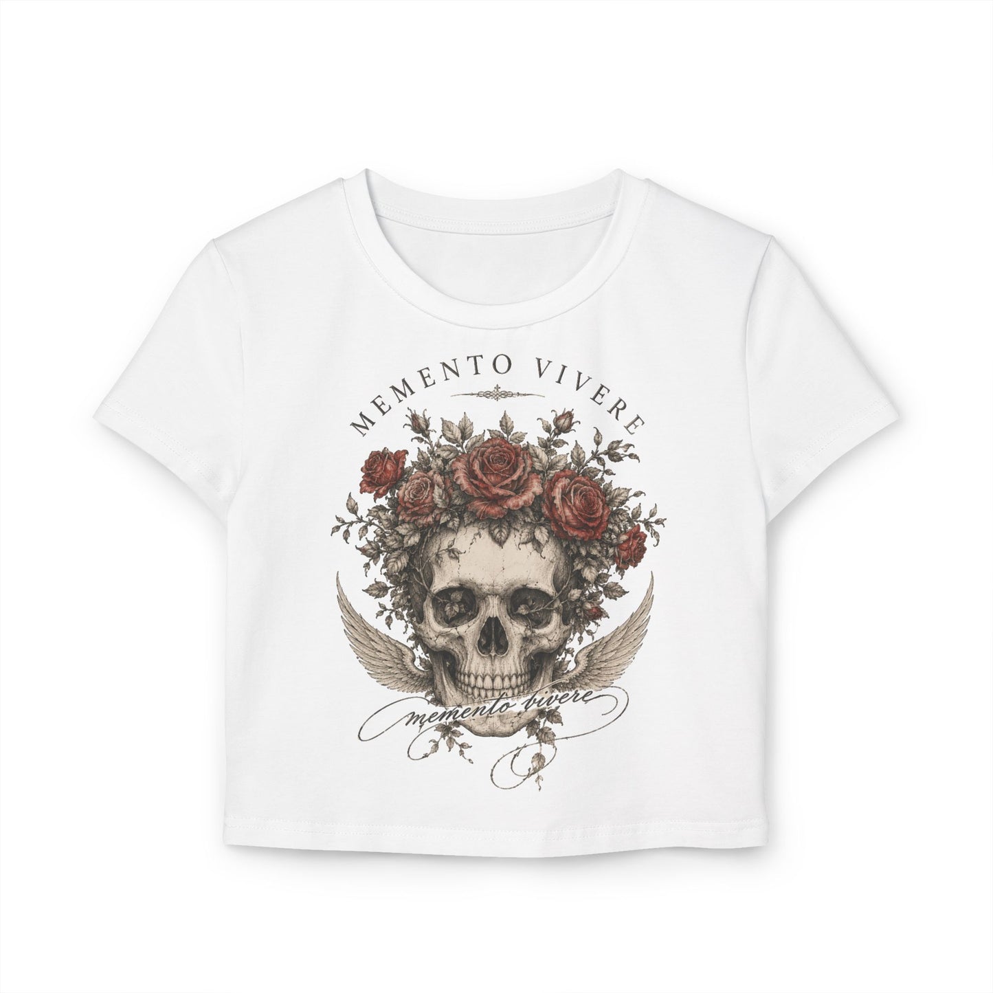 Distressed skull crowned with red roses on a cropped organic cotton baby tee