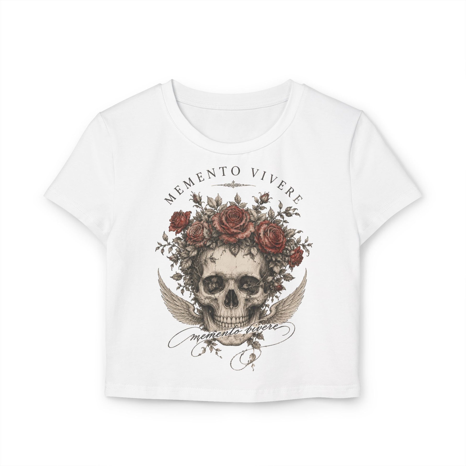 Distressed skull crowned with red roses on a cropped organic cotton baby tee