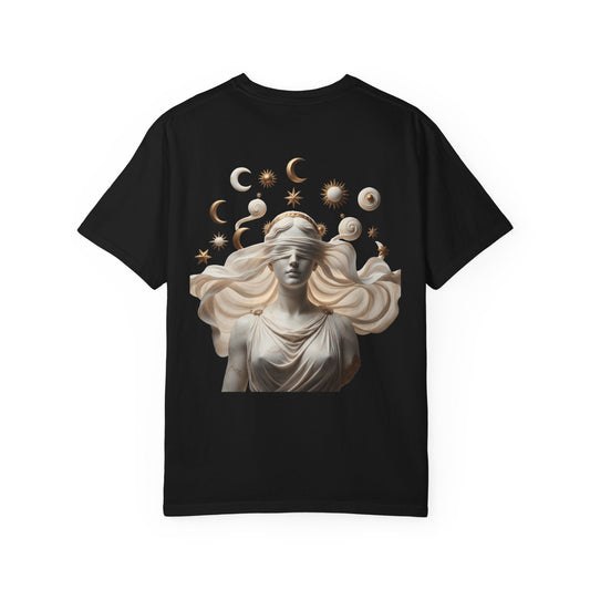 Moon Phases Tee — Blindfolded Goddess Celestial Back Print