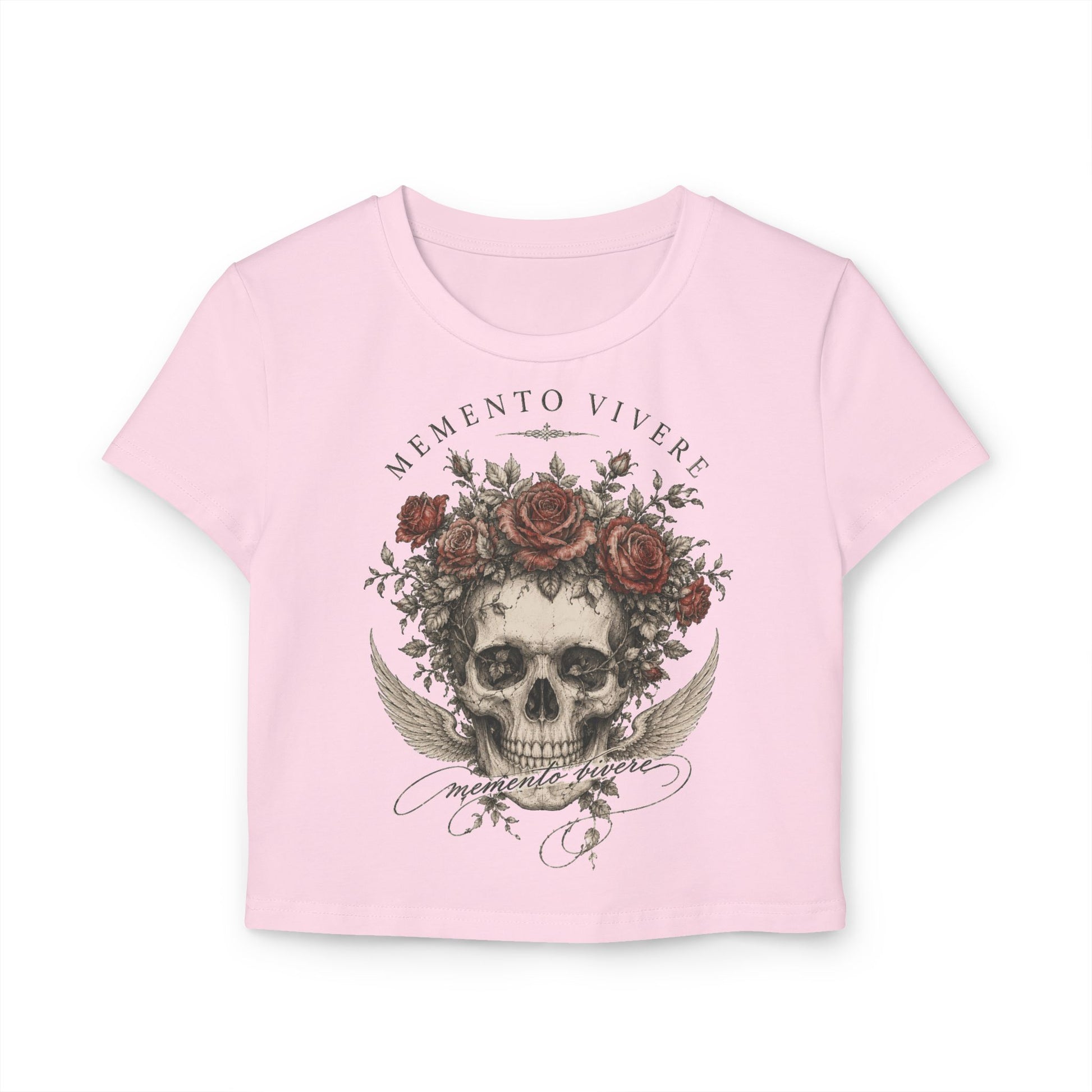 Distressed skull crowned with red roses on a cropped organic cotton baby tee